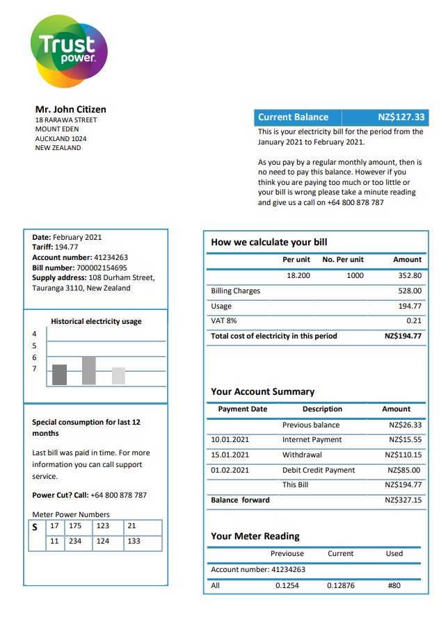 New Zealand Trustpower utility bill template in Word and PDF format